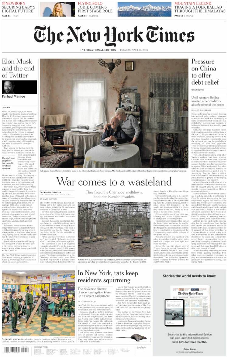 Portada de International New York Times (Europa)
