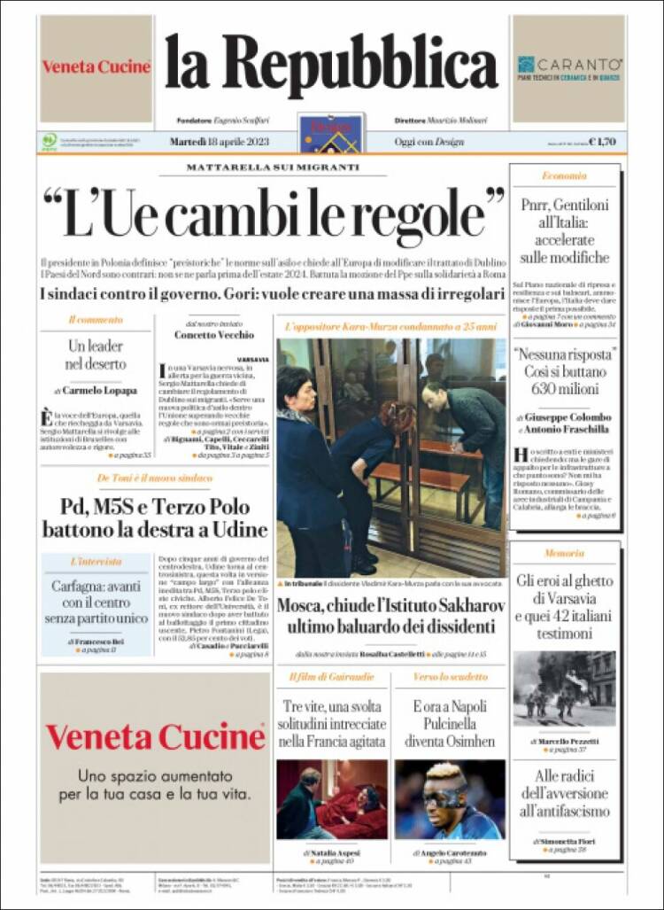 Portada de La Repubblica (Italia)