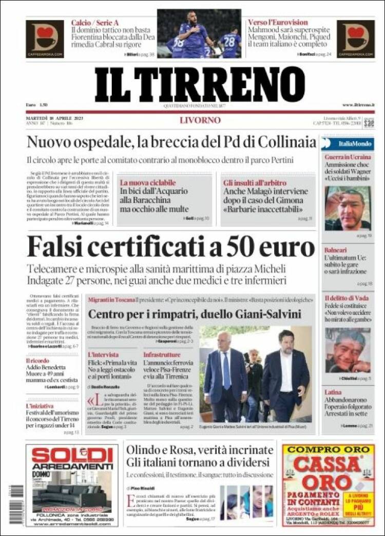 Portada de Il Tirreno (Italia)