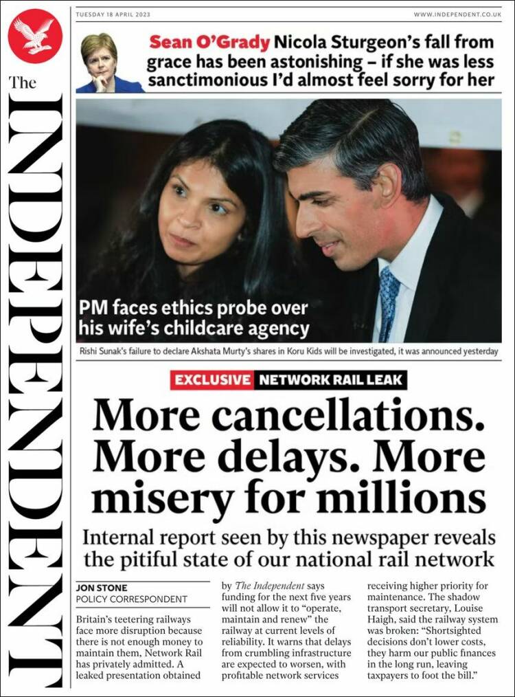 Portada de The Independent (Reino Unido)