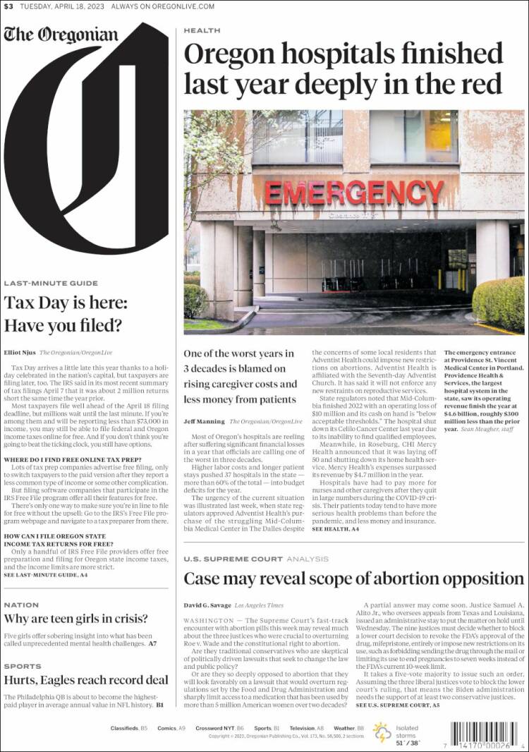 Portada de The Oregonian (USA)