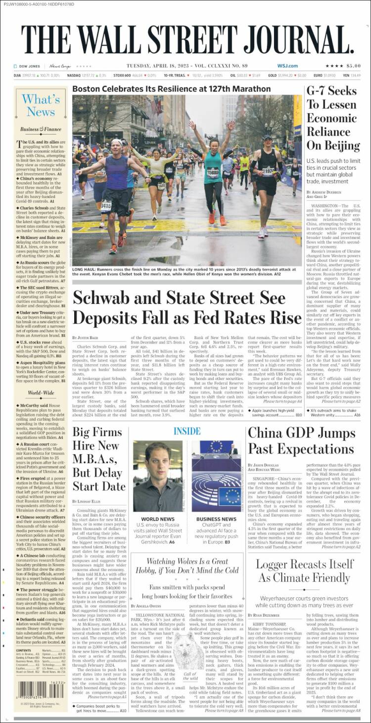 Portada de Wall Street Journal (USA)