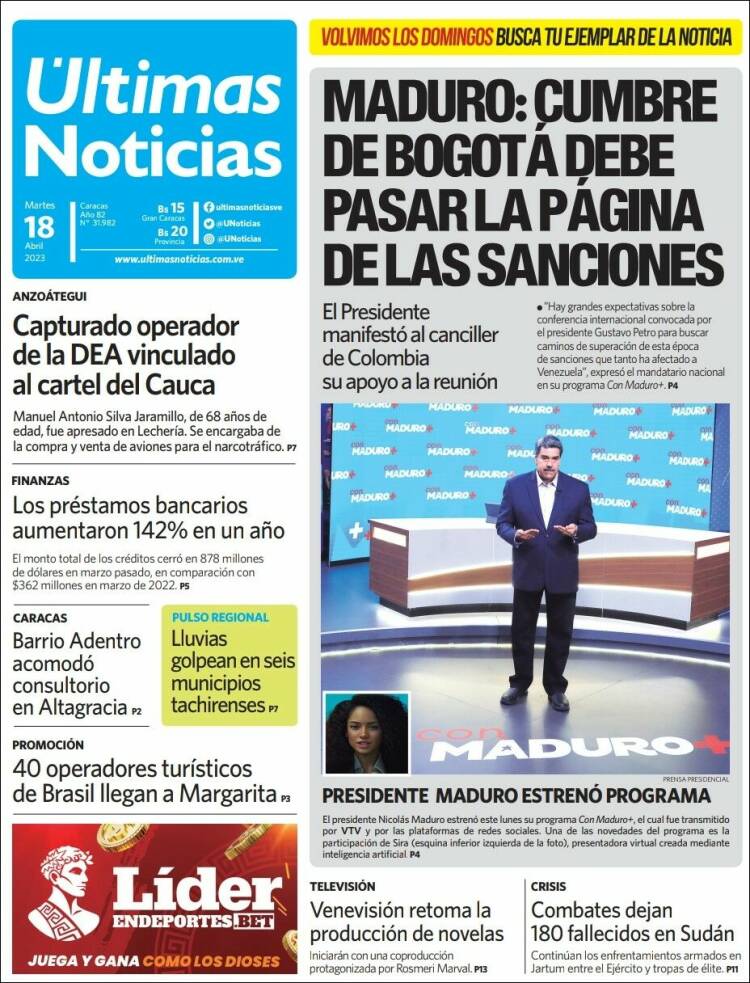 Portada de Últimas Noticias (Venezuela)