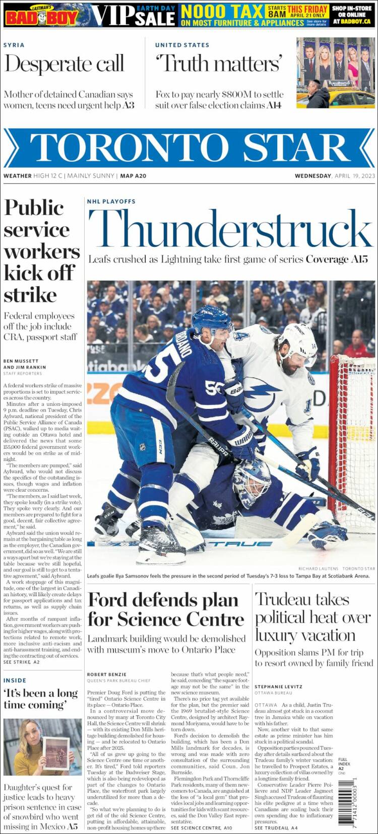 Portada de The Toronto Star (Canada)