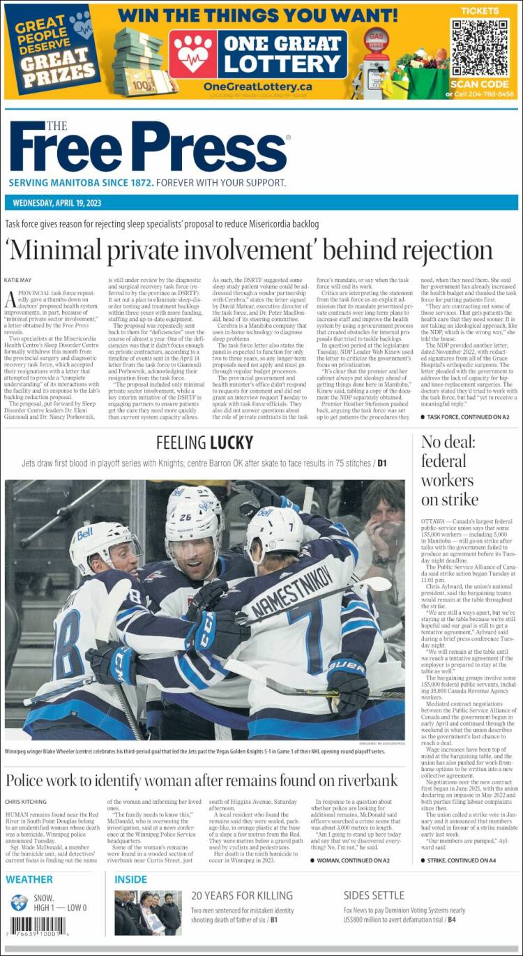 Portada de Winnipeg Free Press (Canada)