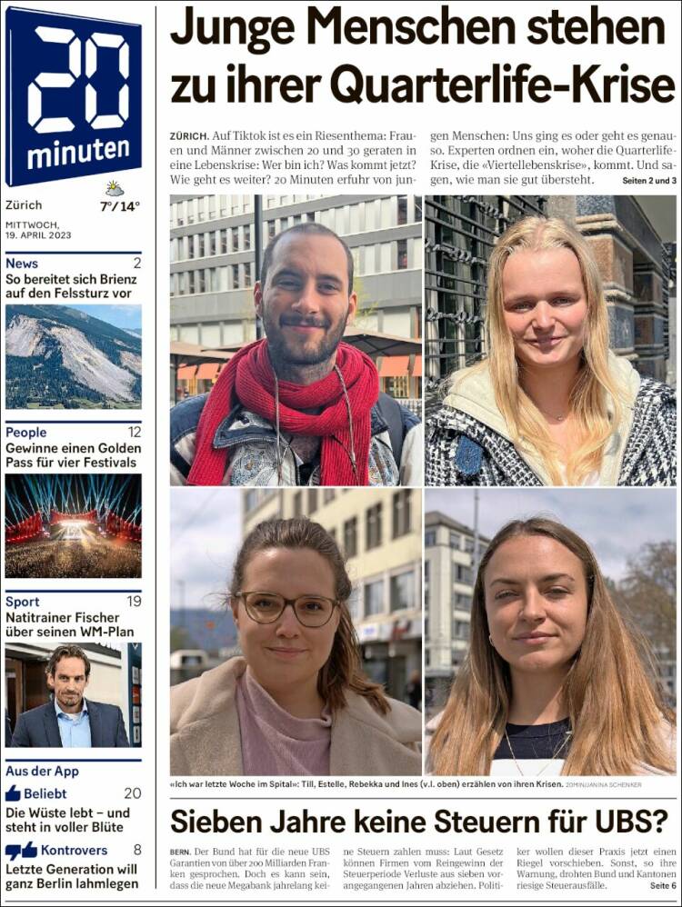 Portada de 20Minuten - Zürich (Suiza)