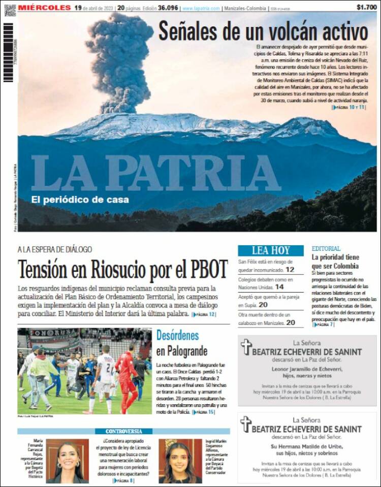 Portada de La Patria (Colombia)