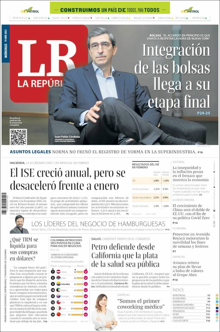 Portada de La Republica (Colombia)