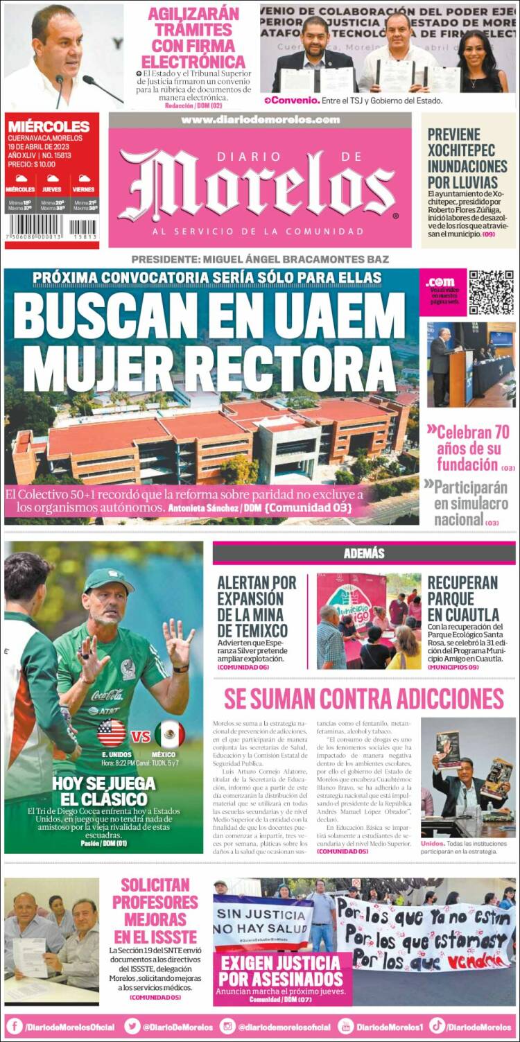 Periódico Diario De Morelos México Periódicos De México Edición De Miércoles 19 De Abril De