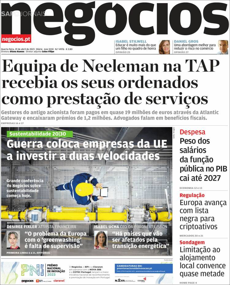 Portada de Jornal de Negócios (Portugal)