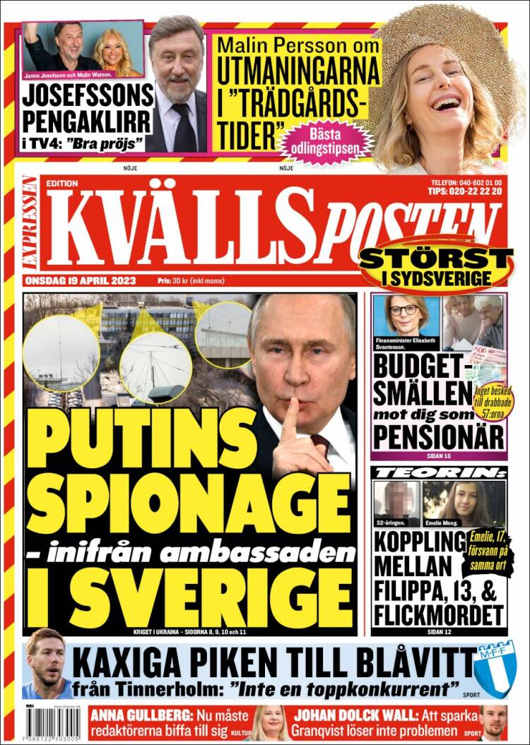 Portada de Kvällsposten (Suecia)
