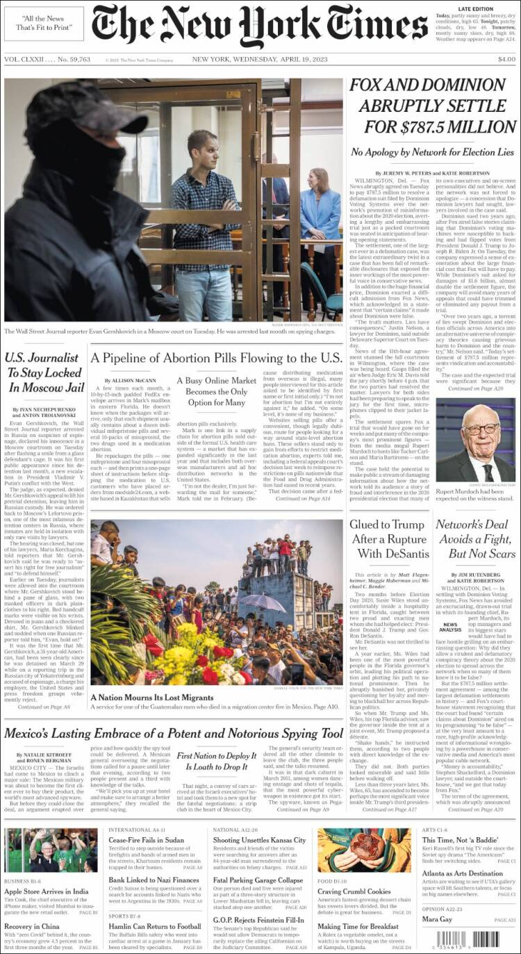 Portada de New York Times (États-Unis)