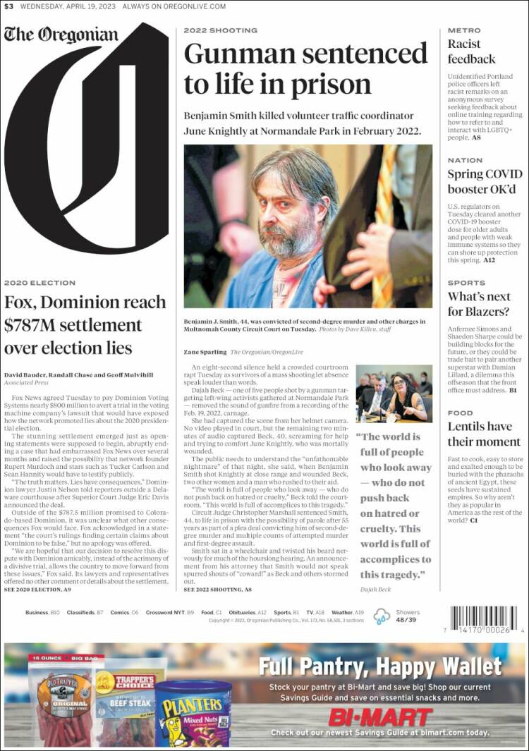 Portada de The Oregonian (États-Unis)