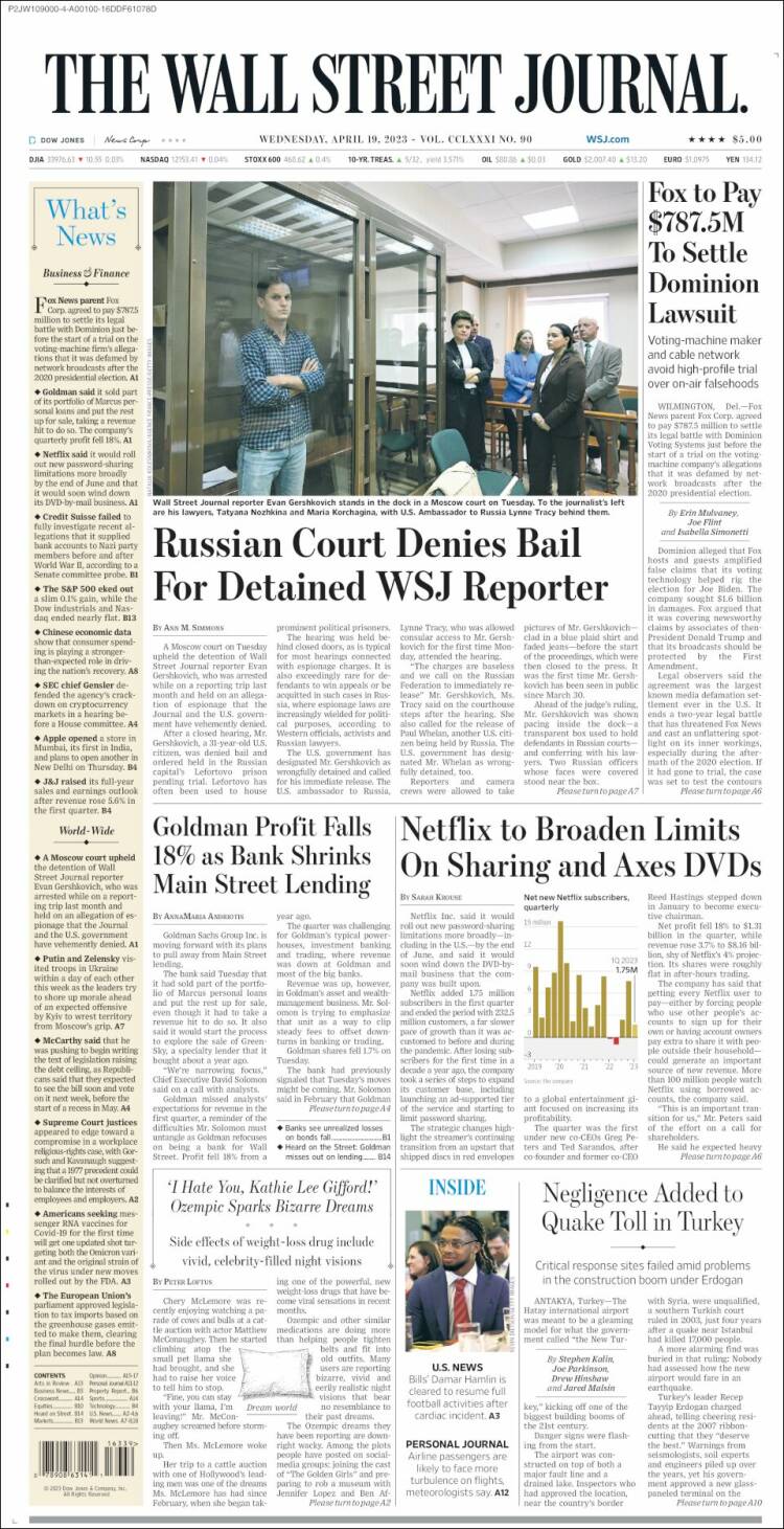 Portada de Wall Street Journal (États-Unis)