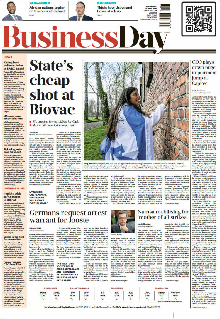 Portada de Business Day (Sud&aacute;frica)