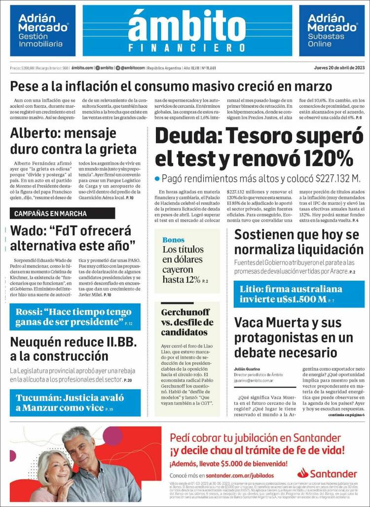 Portada de Diario Ambito Financiero (Argentina)
