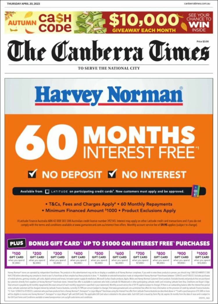 Portada de The Canberra Times (Australia)