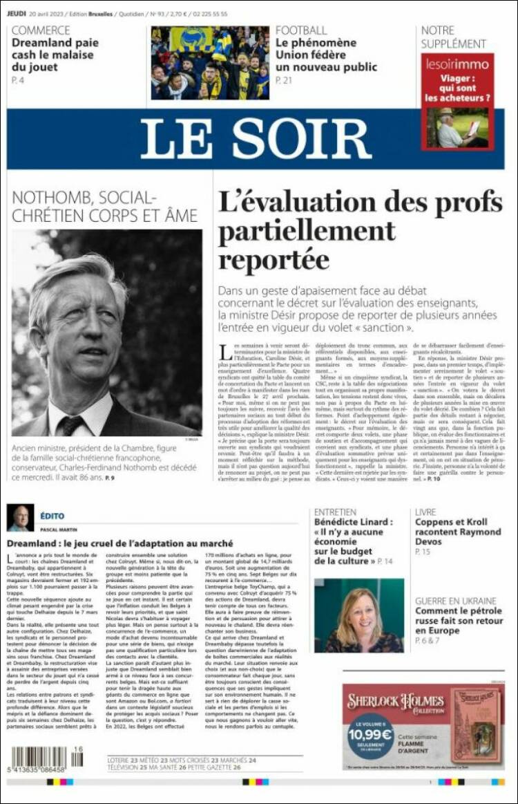 Portada de Le Soir (B&eacute;lgica)