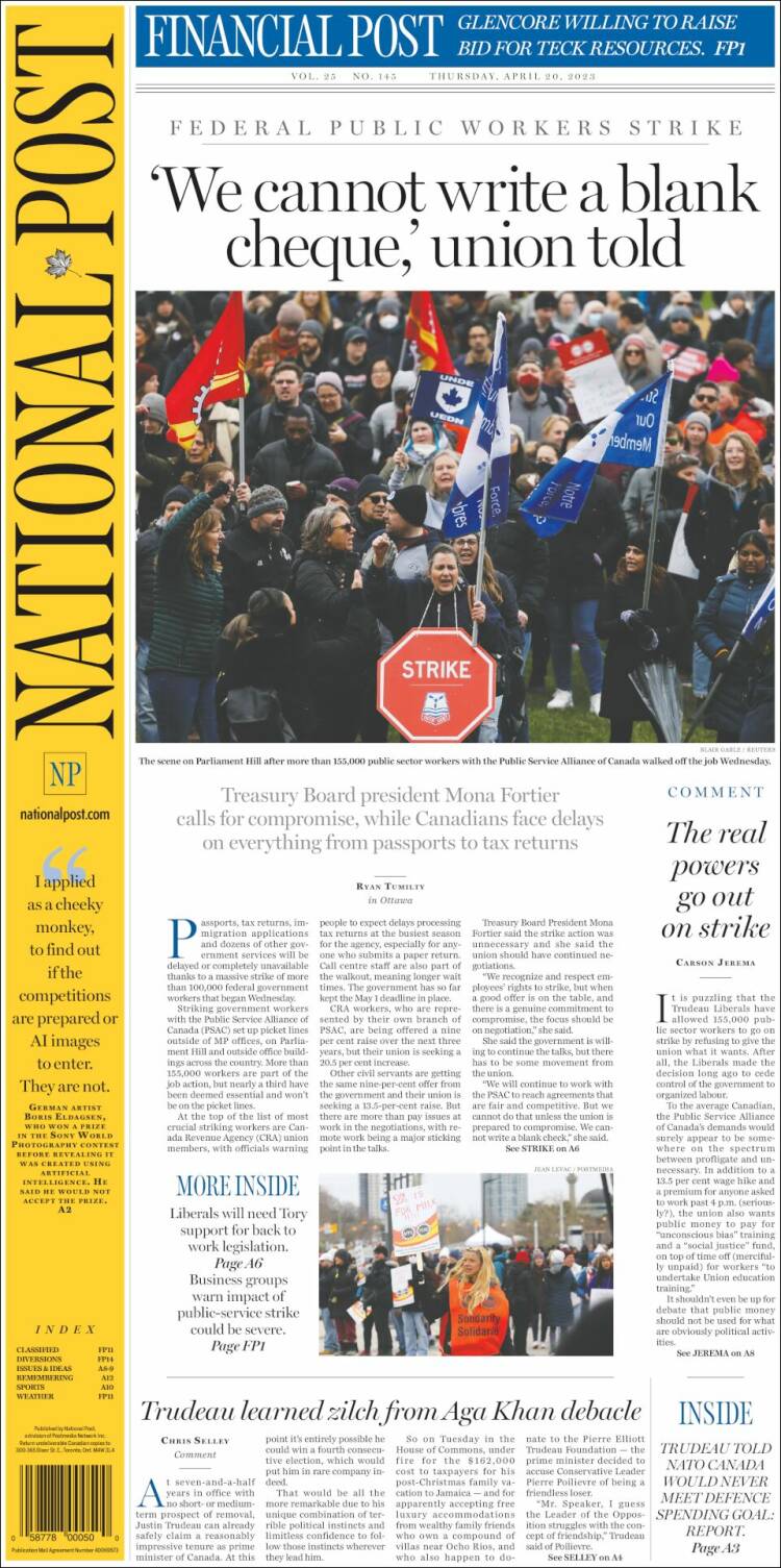 Portada de The National Post (Canadá)