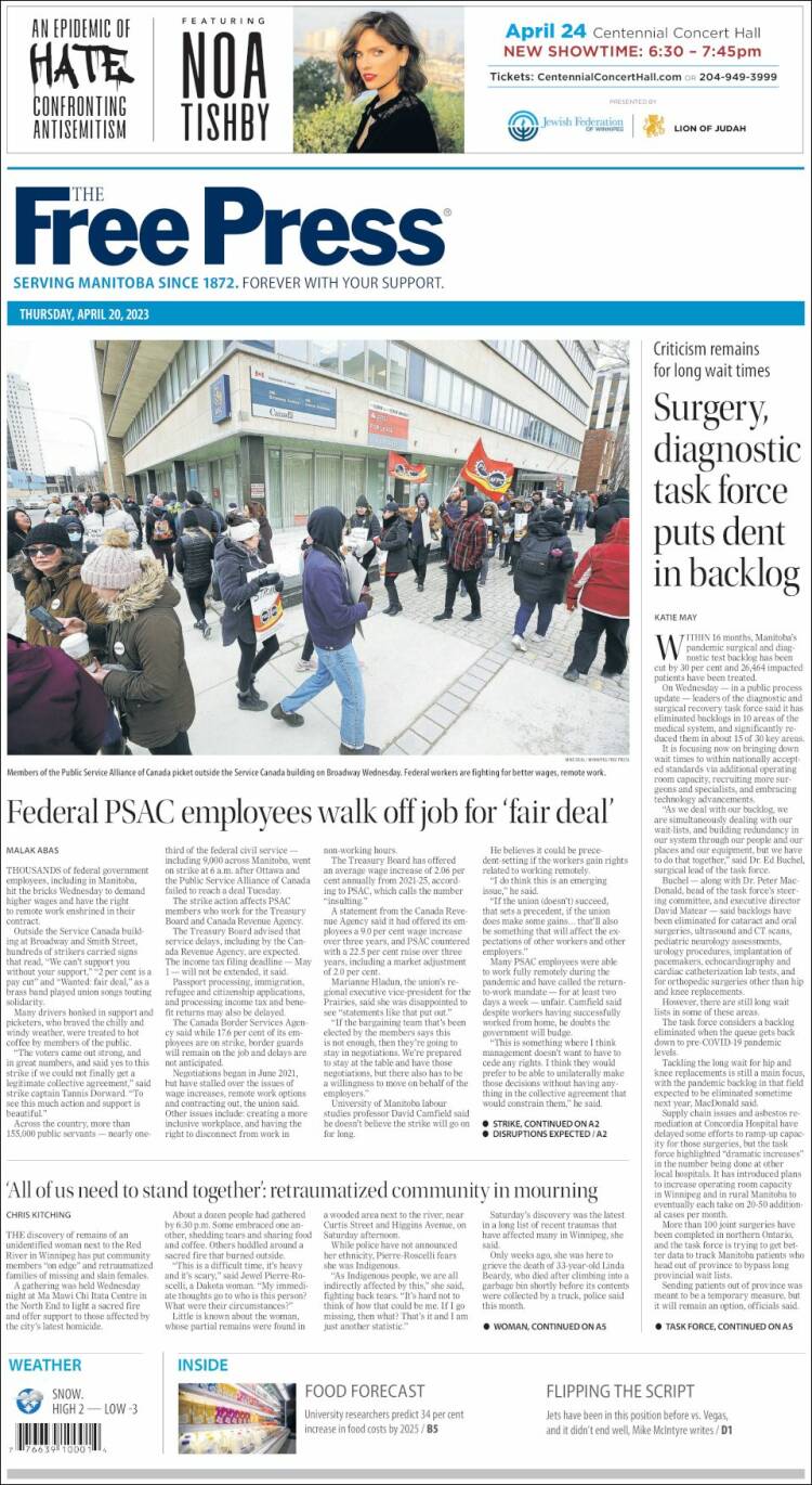 Portada de Winnipeg Free Press (Canadá)