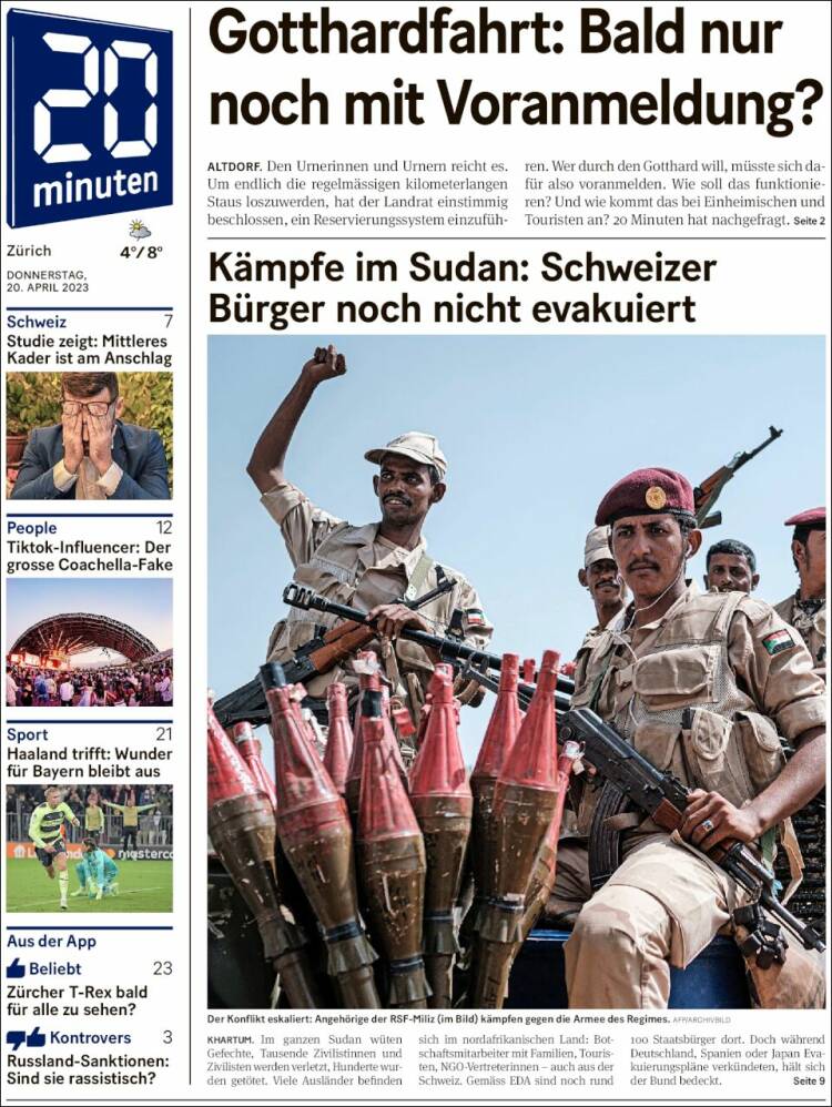 Portada de 20Minuten - Zürich (Suiza)