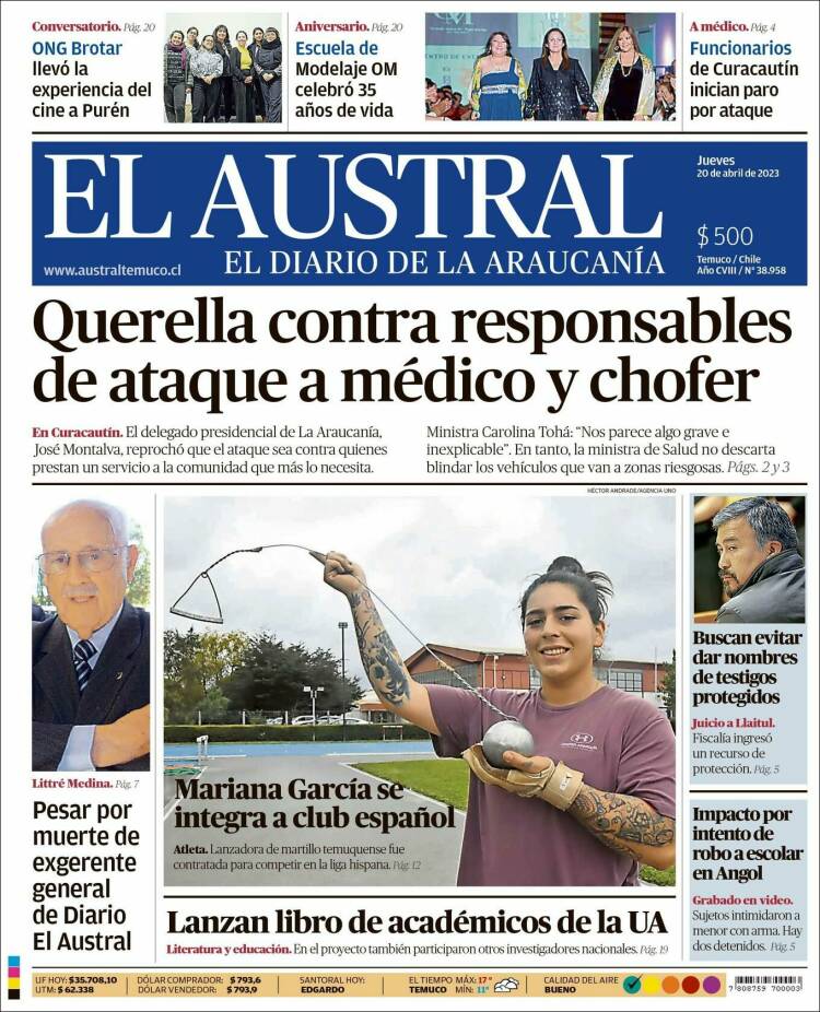 Portada de El Austral de Temuco (Chile)