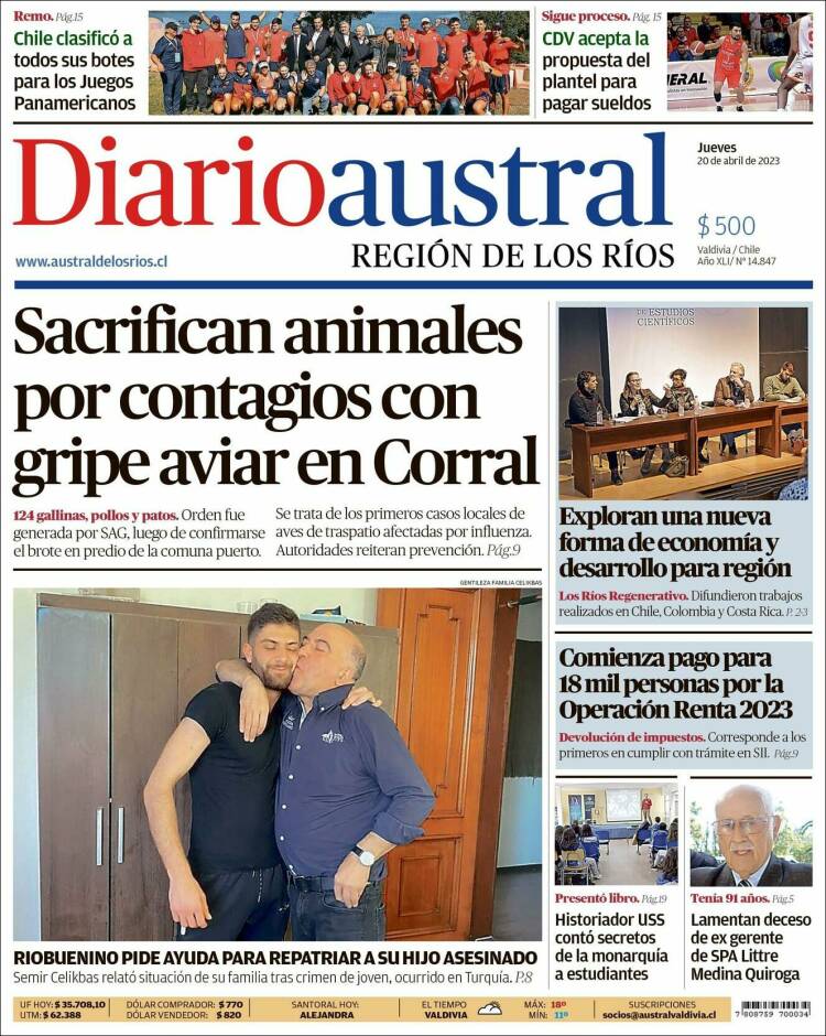 Portada de El Diario Austral de Valdivia (Chile)