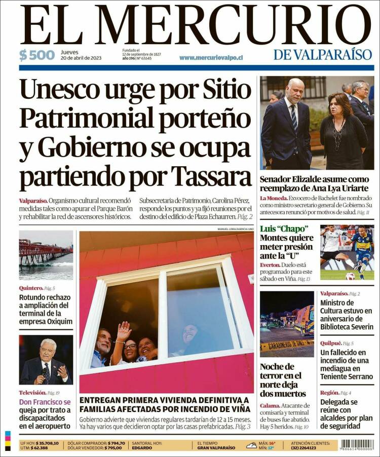 Portada de Mercurio de Valparaiso (Chile)