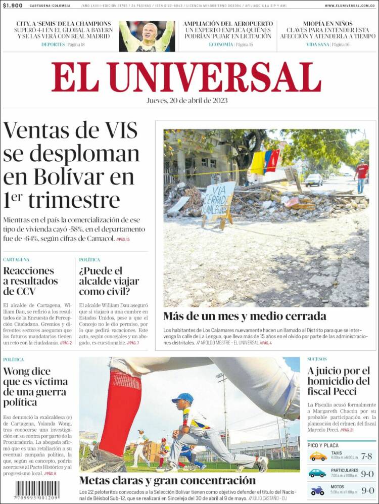Portada de El Universal (Colombia)