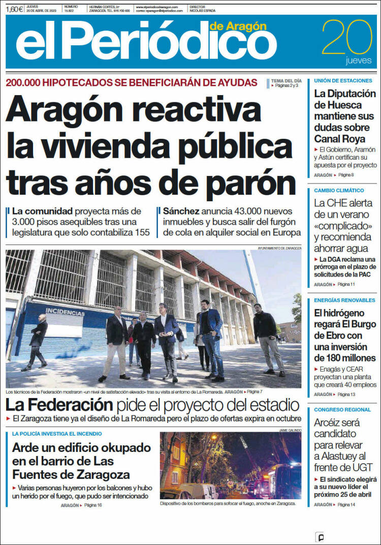 Portada de El Periódico de Aragón (España)