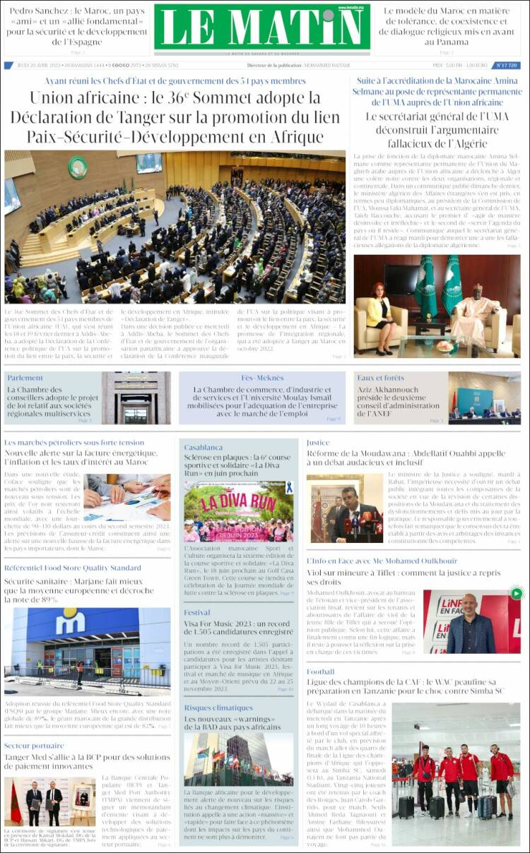Portada de Le Matin (Marruecos)