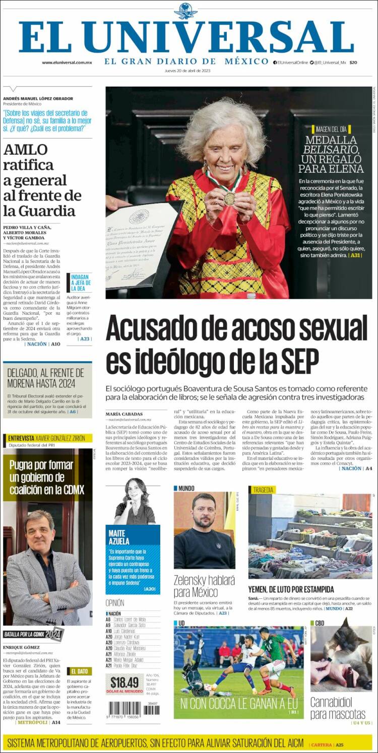 Periódico El Universal (México). Periódicos de México. Edición de jueves,  20 de abril de 2023. 