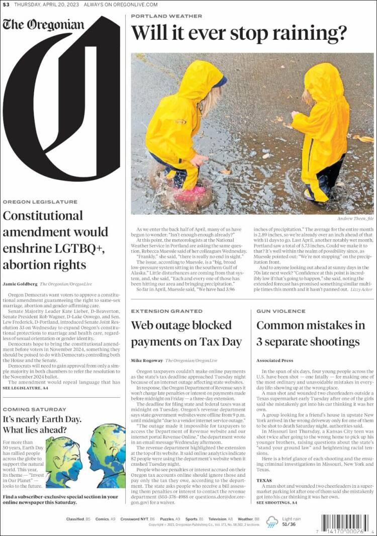 Portada de The Oregonian (USA)