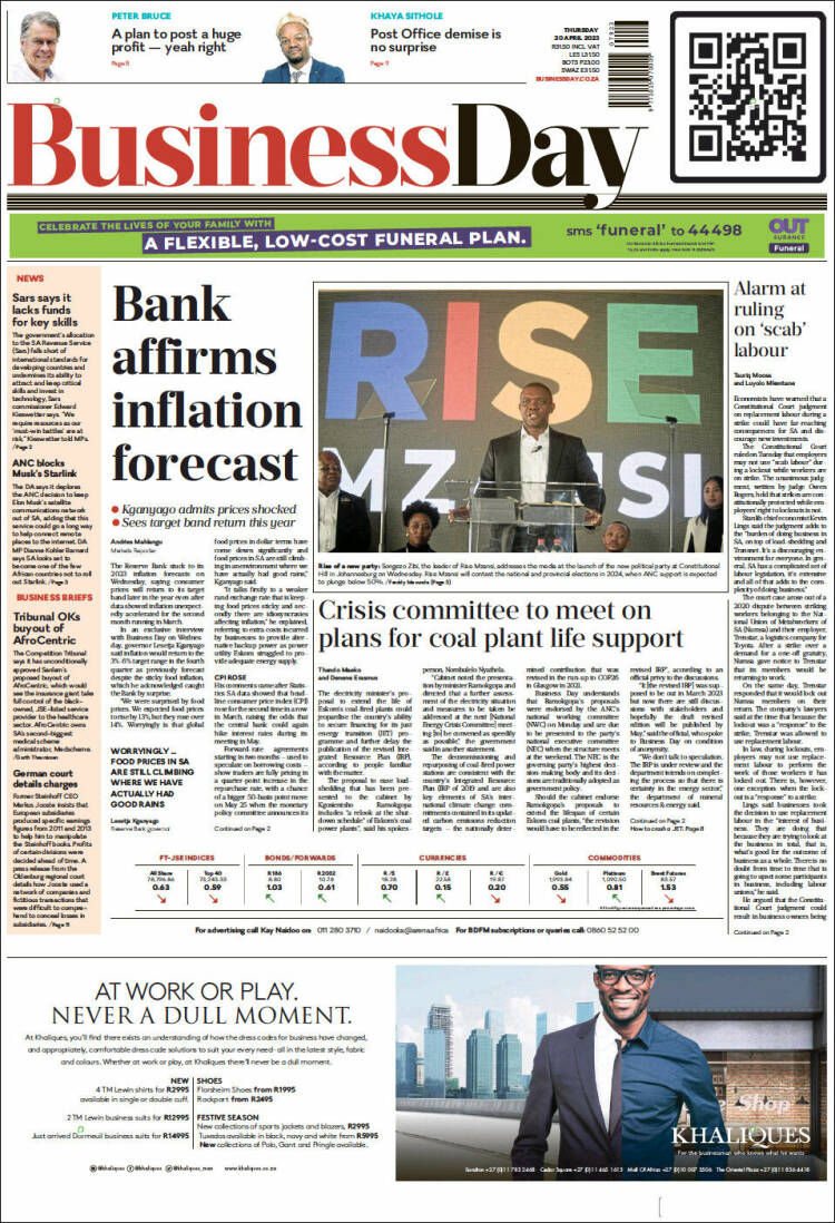 Portada de Business Day (Sud&aacute;frica)