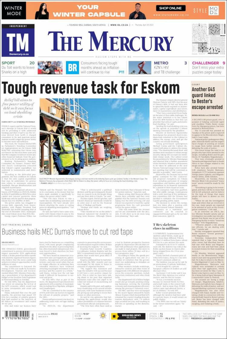 Portada de The Mercury (Sud&aacute;frica)