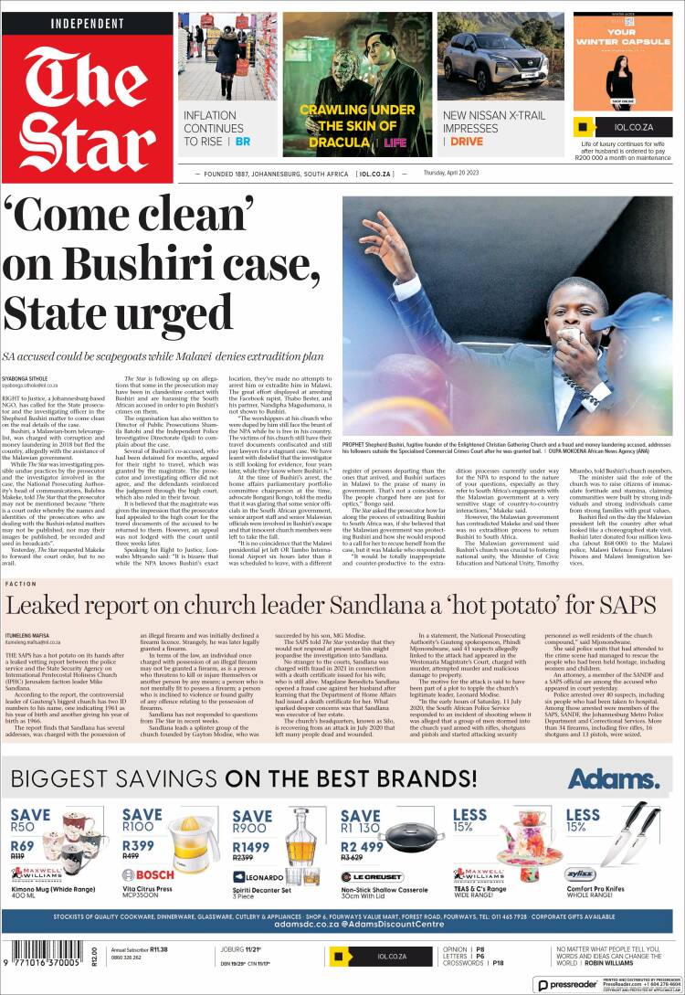 Portada de The Star (Sud&aacute;frica)