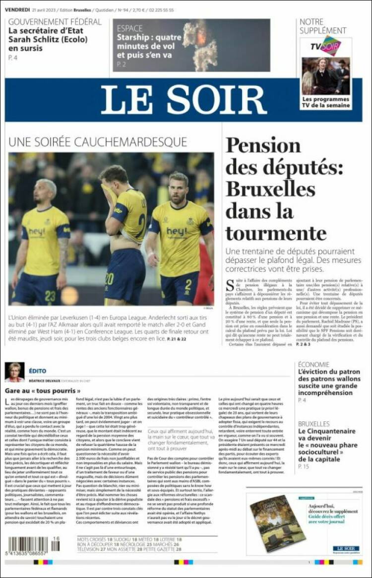Portada de Le Soir (B&eacute;lgica)
