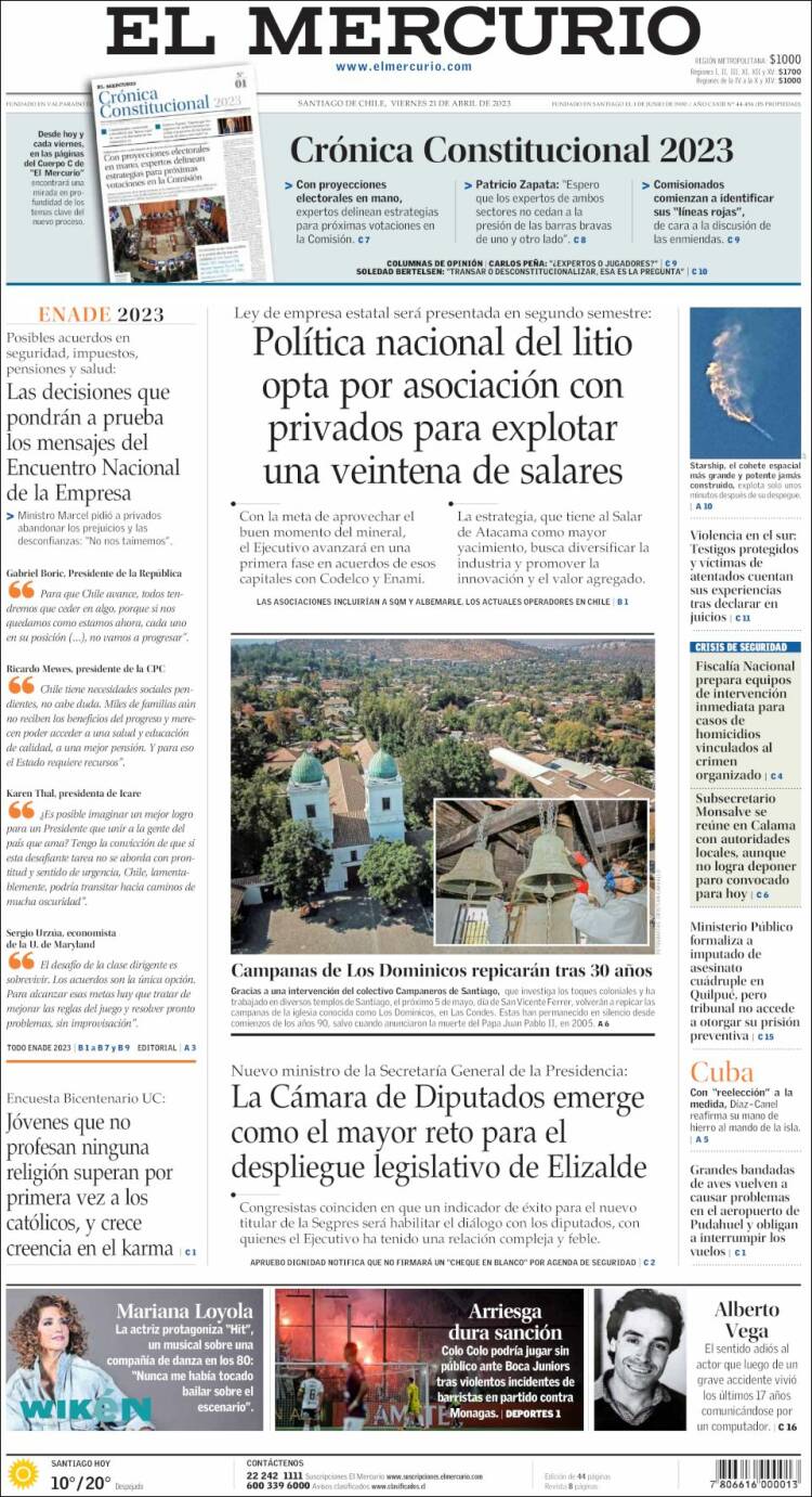 Portada de El Mercurio (Chile)