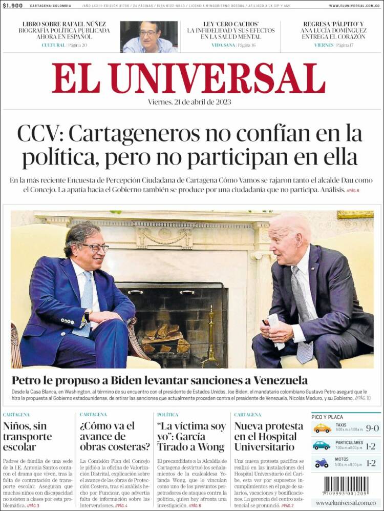 Portada de El Universal (Colombia)