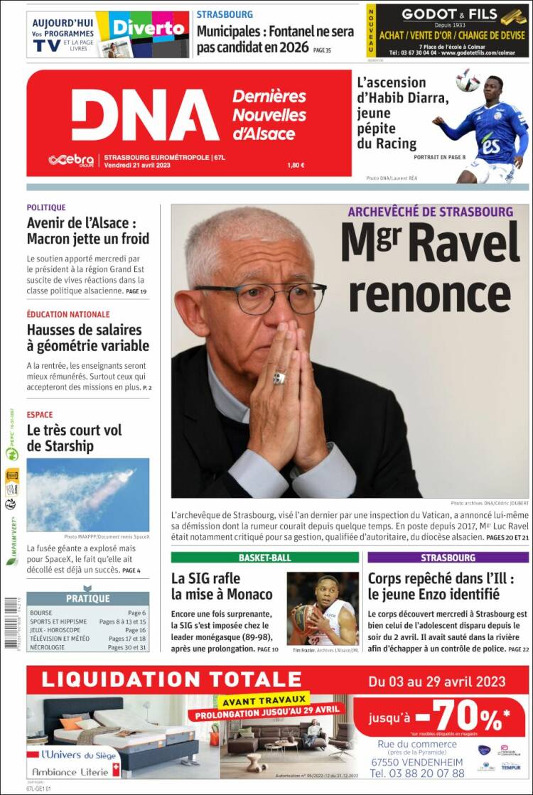 Portada de Les Dernières Nouvelles d'Alsace (France)