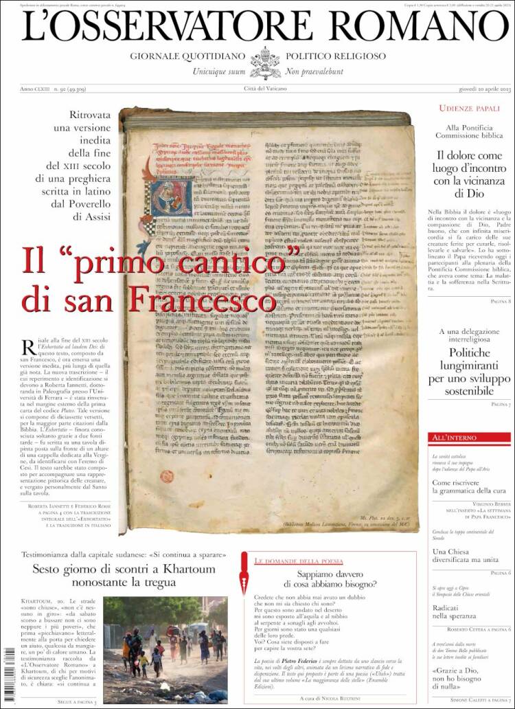 Portada de L'Osservatore Romano (Italia)