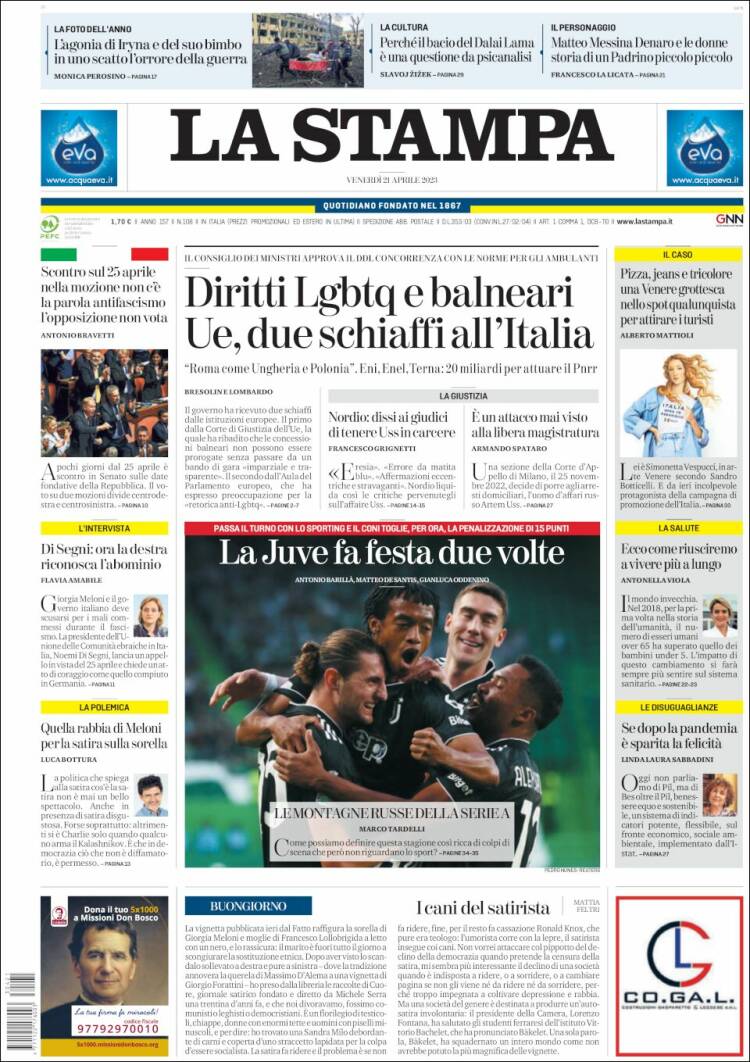 Portada de La Stampa (Italia)