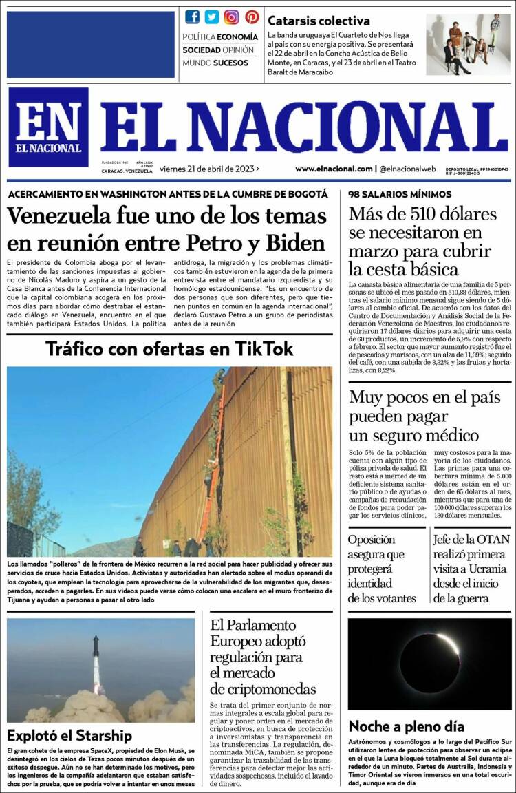 Portada de El Nacional (Venezuela)