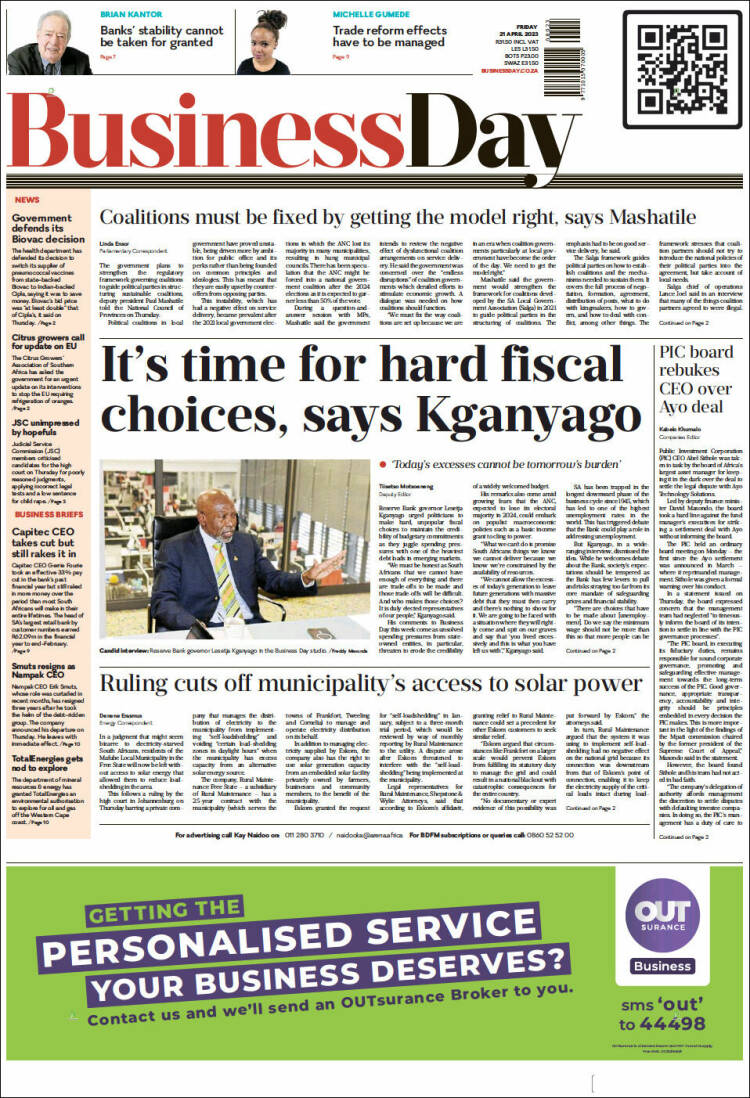 Portada de Business Day (Sud&aacute;frica)