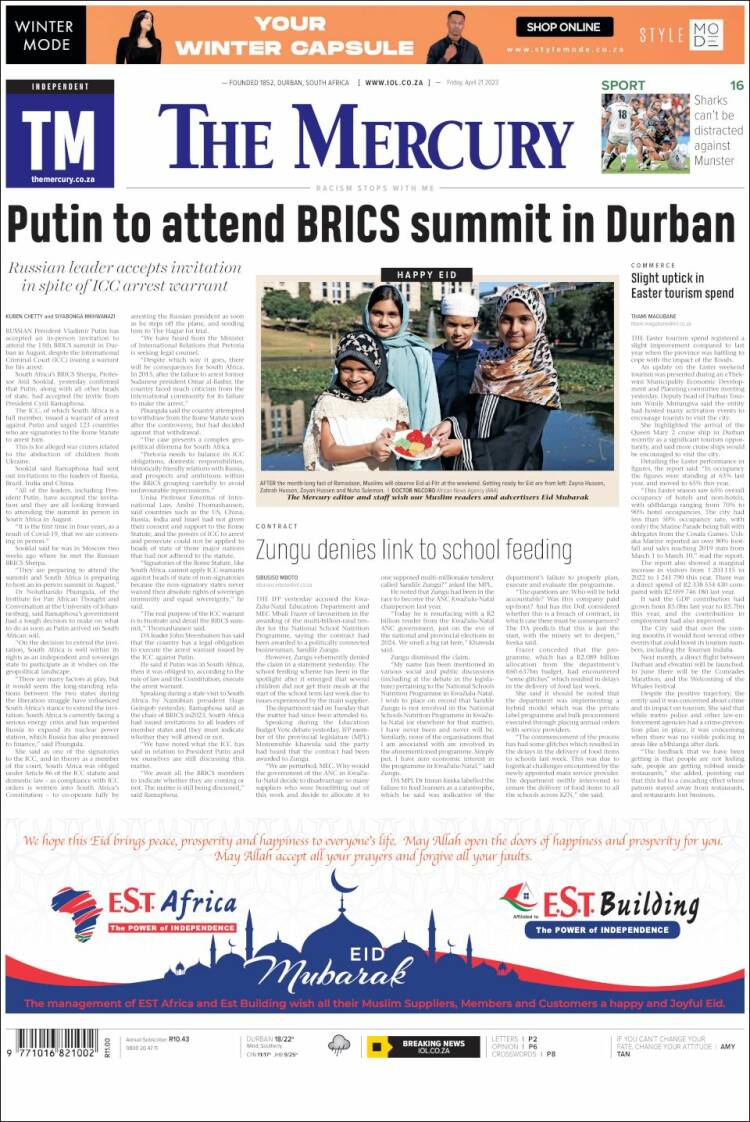 Portada de The Mercury (Sud&aacute;frica)