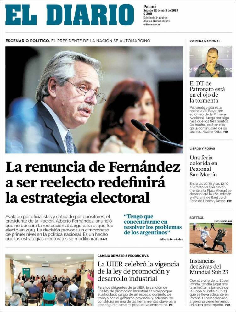Portada de El Diario de Paraná (Argentina)