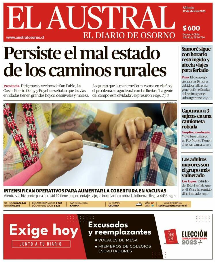 Portada de El Austral de Osorno (Chile)