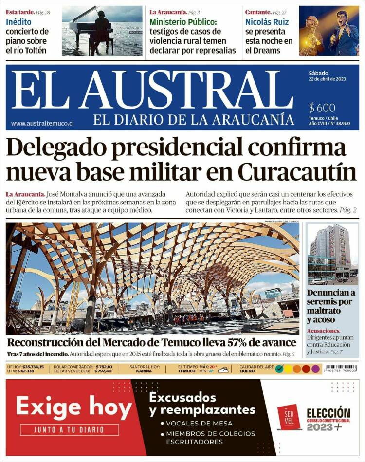 Portada de El Austral de Temuco (Chile)