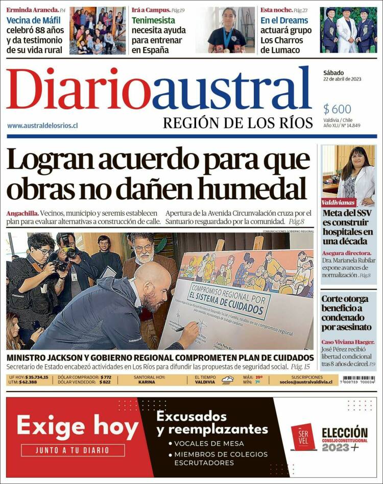Portada de El Diario Austral de Valdivia (Chile)