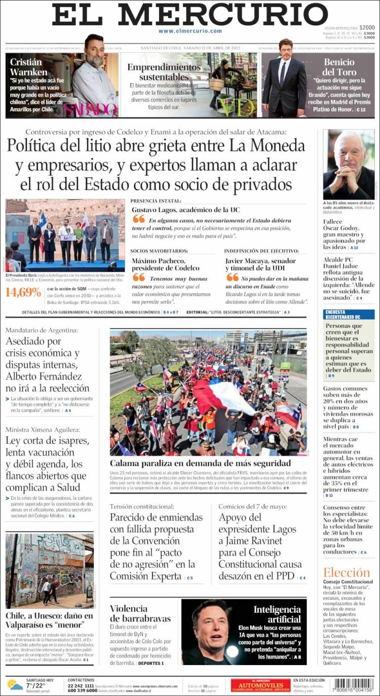 Portada de El Mercurio (Chile)